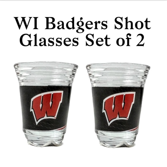NWT Wisconsin Badgers Mascot Clear Glass Shot Glasses Set of 2 - Picture 1 of 9